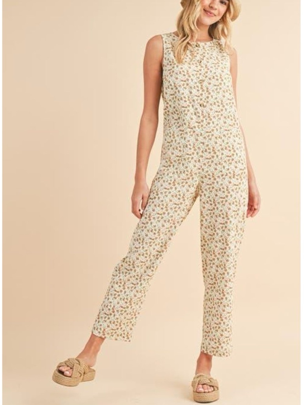 Wishlist Tan Neutral Sleeveless Floral Jumpsuit Women’s Size Medium